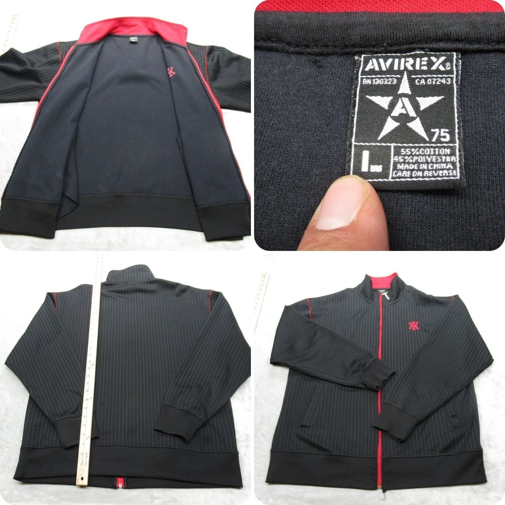 Avirex Track Jacket Mens Large Black Pinstripe Pockets Mock Neck Full Zip READ